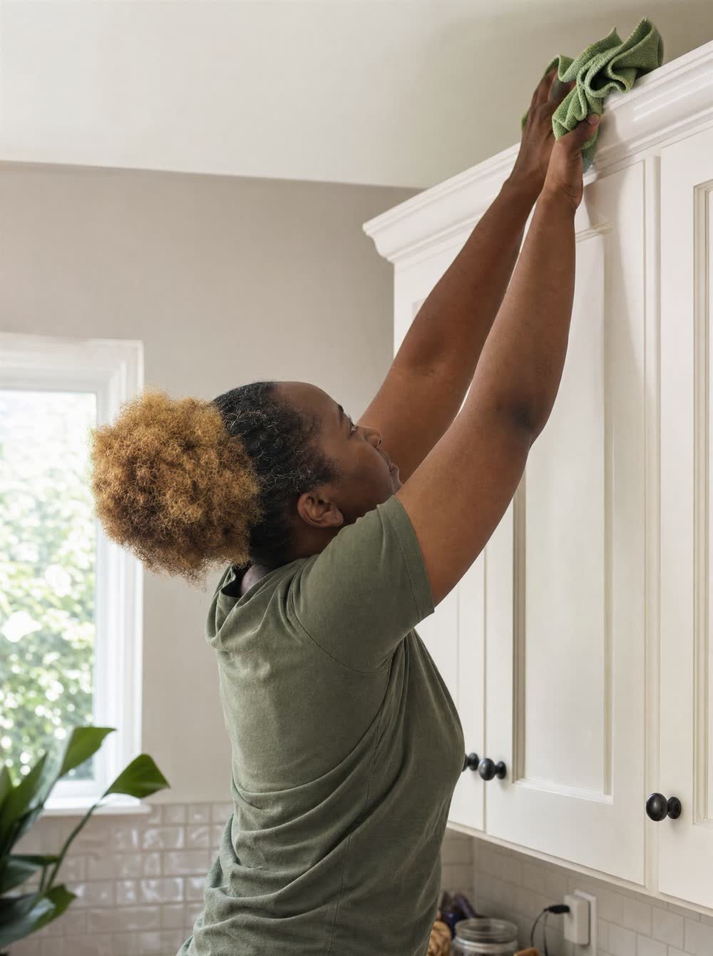 A cleaner reaching up to wipe the top edge of kitchen cabinets