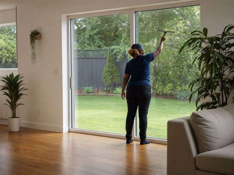 A cleaner reaching up to clean tall glass patio doors