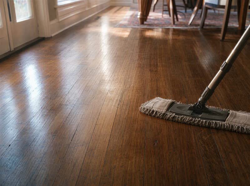 Morning light raking across a freshly mopped hardwood floor