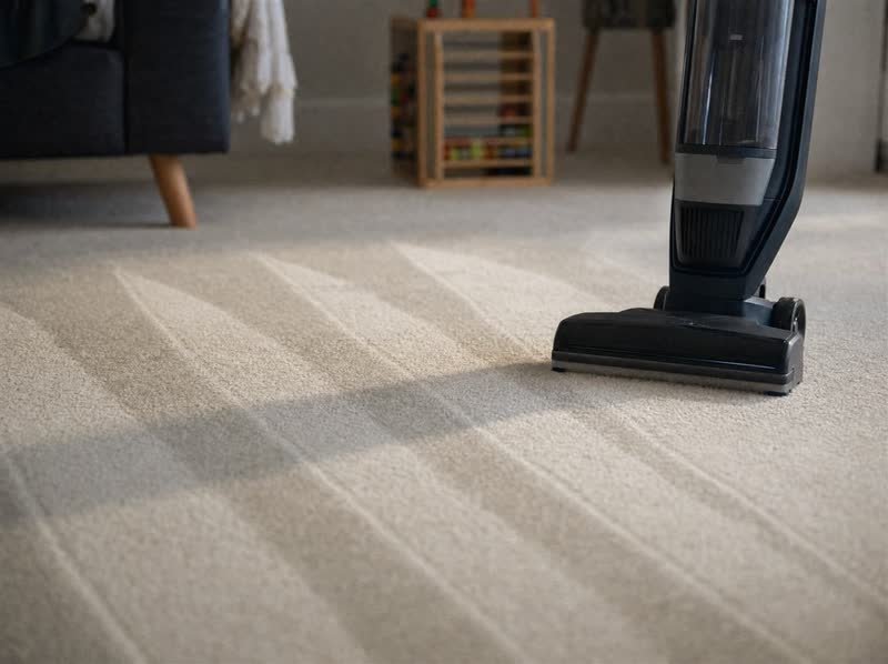 Fresh vacuum tracks across a wool carpet
