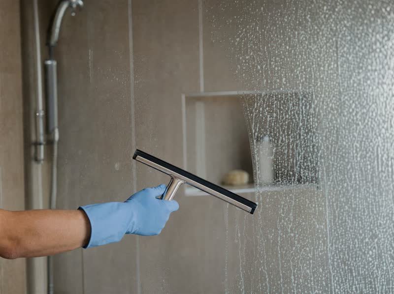 A squeegee clearing a glass shower screen
